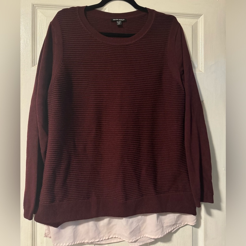 Hilary Radley Women's V Neck Layered 2fer Sweater (burgundy/wine, XXL)